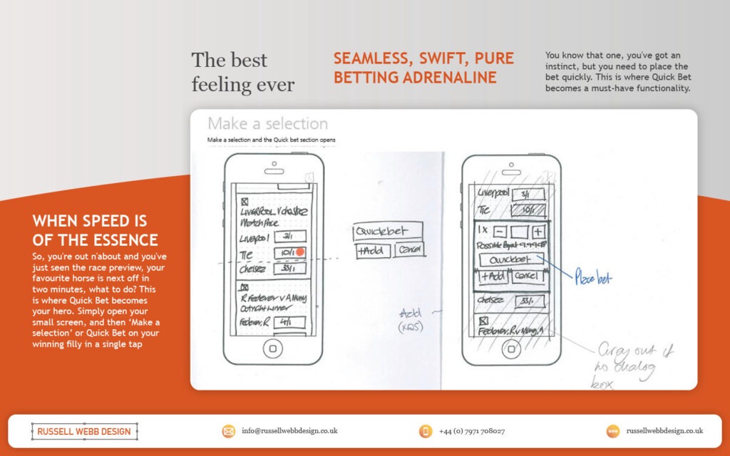 Quick Bet is essential for quickly placing bets on mobile devices. Strong UX handles price changes, suspensions and signal drops without delays. This includes gracefully handling errors, red cards, penalties, and goals that can suspend in-play markets... all lead to bet cancellations. Learn how prototyping and a hands-on design approach can solve user problems.
